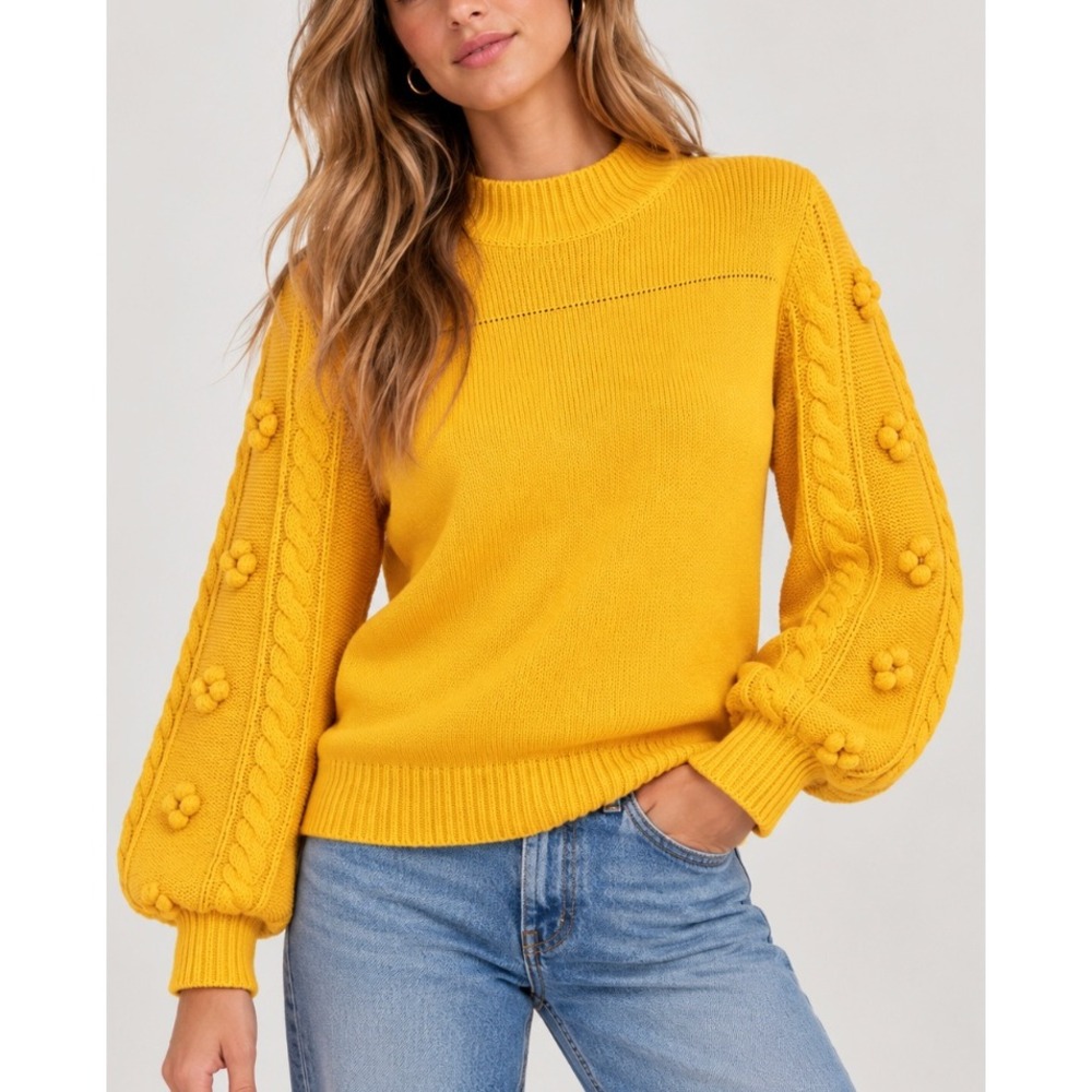 Maeve Anthropologie Kiara Mustard Yellow Merino Wool Mock Neck Bobble Sweater 1X